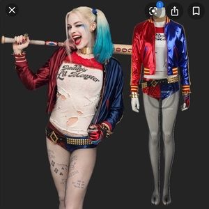 HARLEY QUINN costume jacket/shorts w/ choker & bat